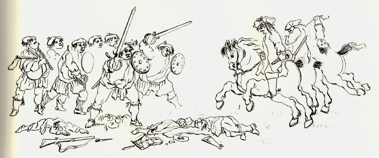 'Penicuik drawing' of Highlanders and a dead redcoat, c1745