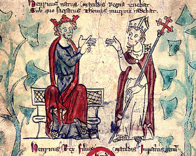 Thomas Becket faces King Henry II in a dispute, from Peter of Langtoft's Chronicle of England (early 14th century): British Library