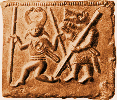 Torslunda helmet plate showing figures interpreted as Odin and a wolf-man or Úlfhéðinn