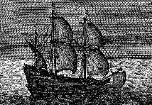 The Batavia, plate from the 1647 Dutch book Ongeluckige voyagie, van't schip Batavia (Unlucky voyage of the ship Batavia), 1647: Wikimedia