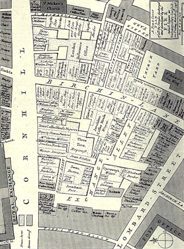 London coffee houses around Exchange Alley (before the fire of 1748)