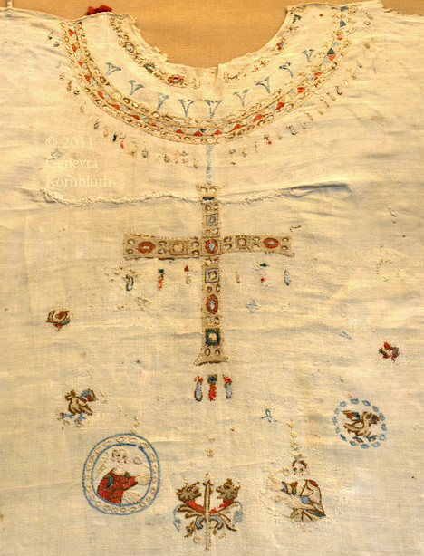 St Balthild’s burial chemise, detail of embroidery