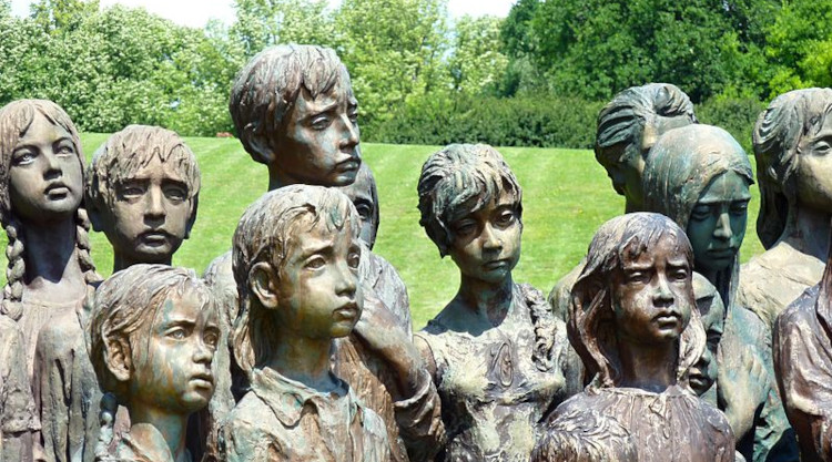 Partial display of the Memorial to the Children Victims of the War, Lidice, a bronze sculpture by Marie Uchytilova in Lidice, Czech Republic