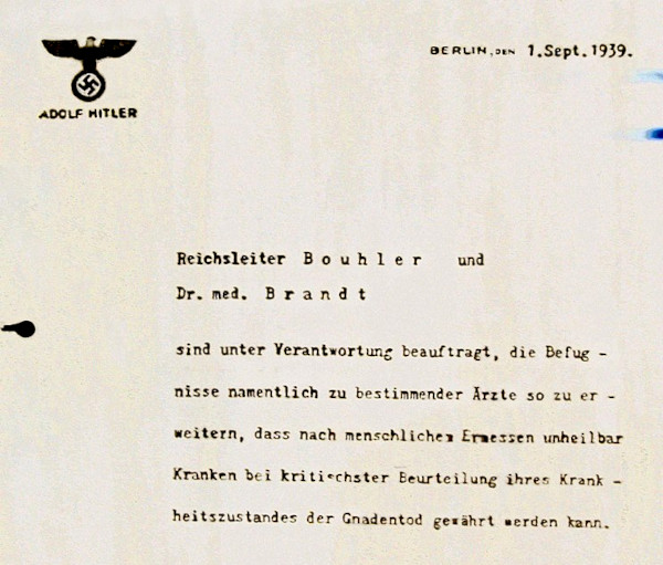 Hitler's edict 'granting mercy death' to 'incurable' patients, 1 September, 1939