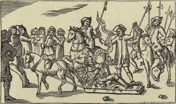 Edward Coleman drawn on the Hurdle to Execution, 1678