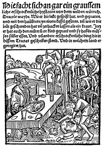 Woodcut from a 1499 pamphlet showing Vlad III dining among the impaled corpses of his victims