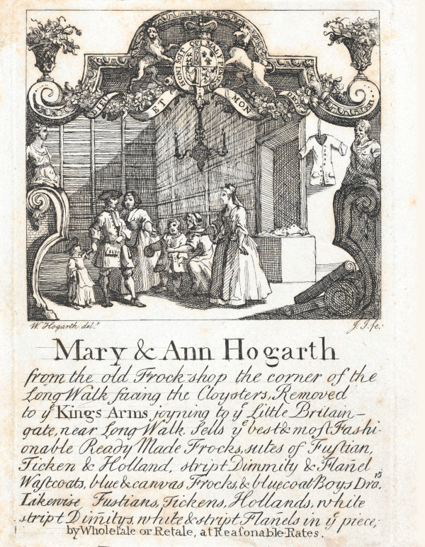 Trade card of Mary and Ann Hogarth, the old Frock Shop