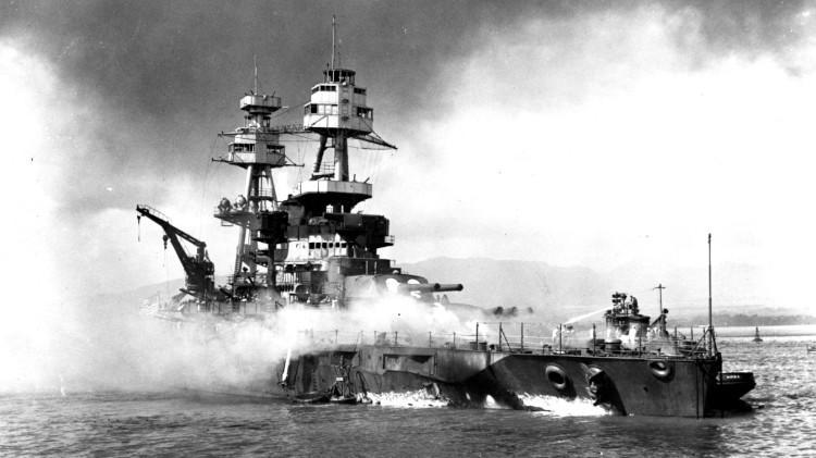 USS Nevada after being hit at Pearl Harbor