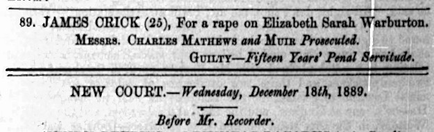 James Crick sentence, 15 December, 1889