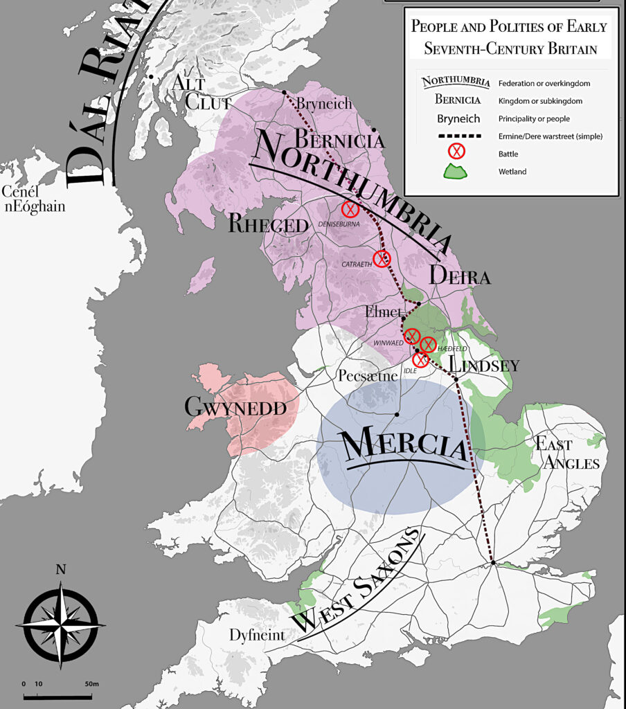 Greyscale map of early seventh-century Britain showing selected peoples and polities, five late-6th to mid-7th century battles, and a simplified representation of a Roman road. Created and ©️Nicola Griffith