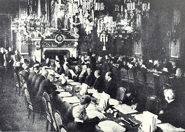 The first plenary session of the peace conference, held in the Ministry of Foreign Affairs, Paris, on January 18, 1919