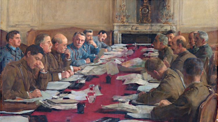 The Four Military Representatives of the Supreme War Council, Versailles, their CO's, Secretaries, and Interpreters in Session by Herbert Arnold Olivier, 1919