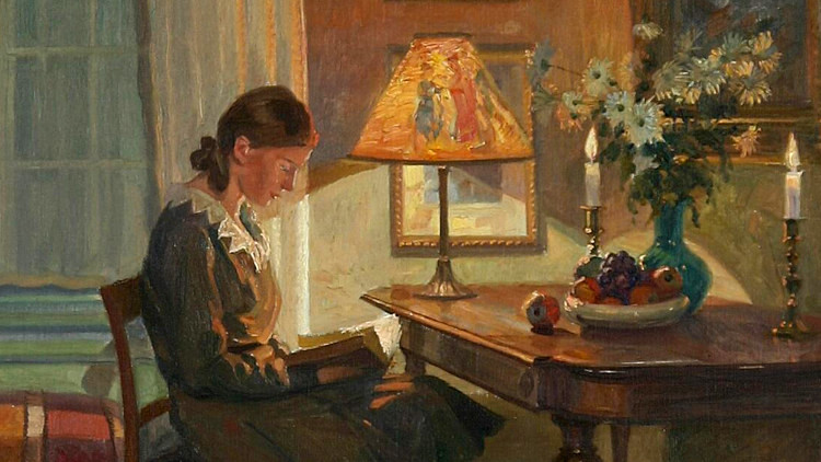 Our Christmas reading image: Interior with a young lady reading a book by Robert Panitzsch