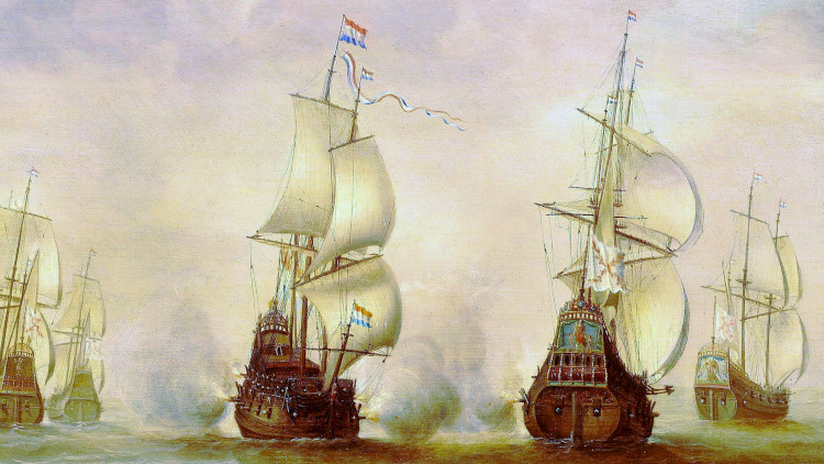 Witte de With's Action with Dunkirkers off Nieuwpoort by Jacob Gerritsz Loeff, showing the Ragged Cross