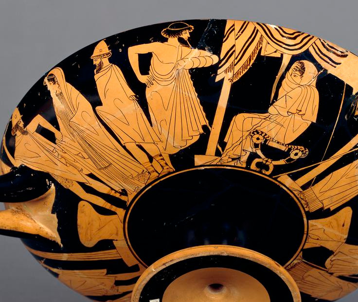 Achilles (R), wrapped in a himation, as Briseis is taken away from him