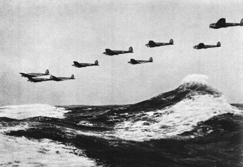 Heinkels flying over water (the English Channel?)