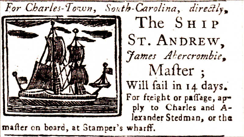 Advertisement, The Ship St Andrew,, 1749