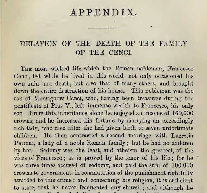 Relation of the Death of the Cenci Family, appendix to Shelley's The Cenci