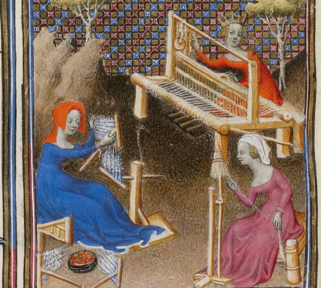 Women weaving, combing, spinning
