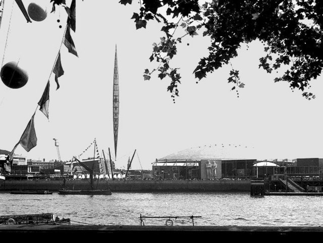The South Bank Exhibition from Victoria Embankment, showing the Skylon and Dome of Discovery