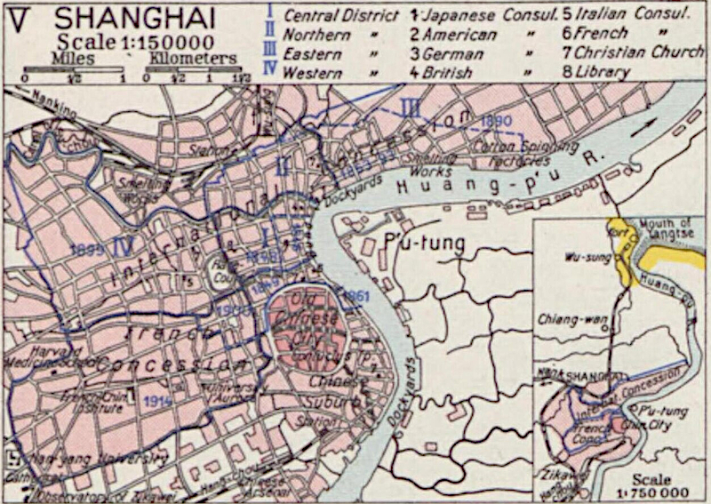 V Shanghai, the fifth of the seven maps showing the Chinese city and international settlements in Shanghai on the eve of World War II 