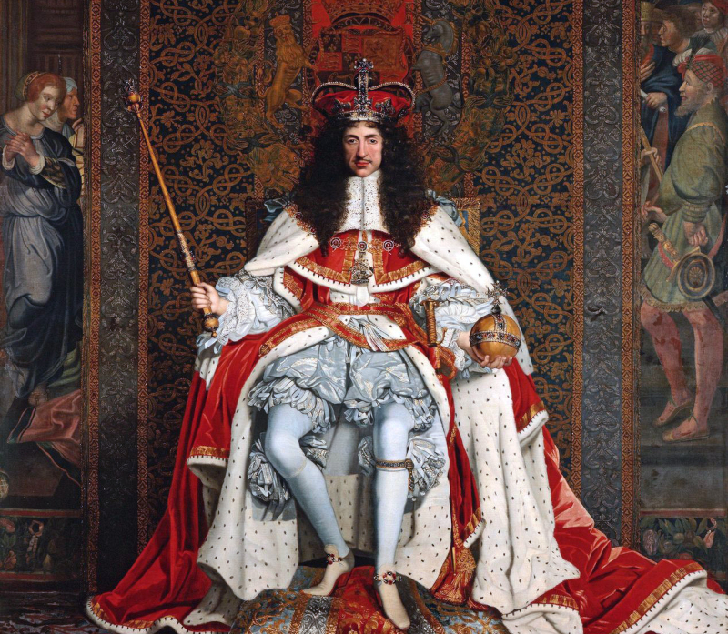 Charles II dressed in Parliament robes over the Order of the Garter costume