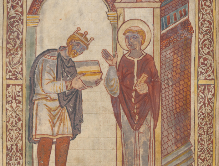 Frontispiece of Bede's Life of St Cuthbert, showing King Æthelstan presenting a copy of the book to the saint