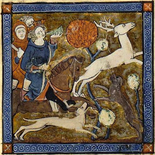 King Arthur chasing the White Stag, illumination from Chrétien de Troyes' Érec et Énide