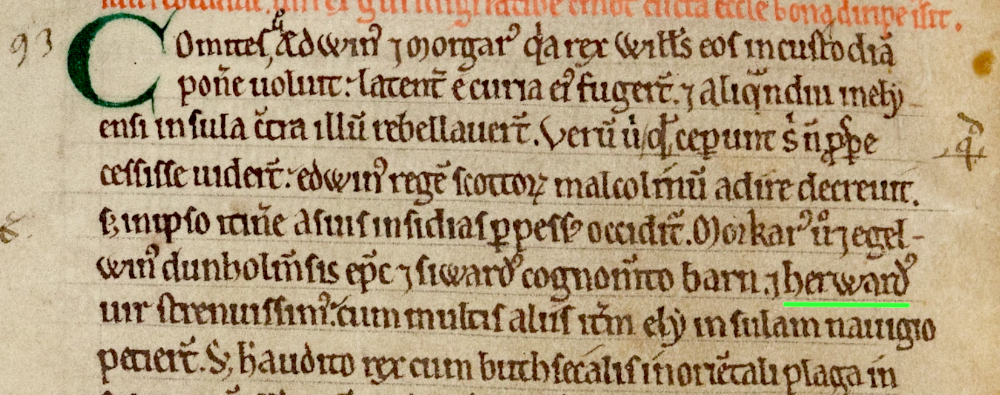 Beginning of the entry about Hereward (underlined in green) from the Liber Eliensis: